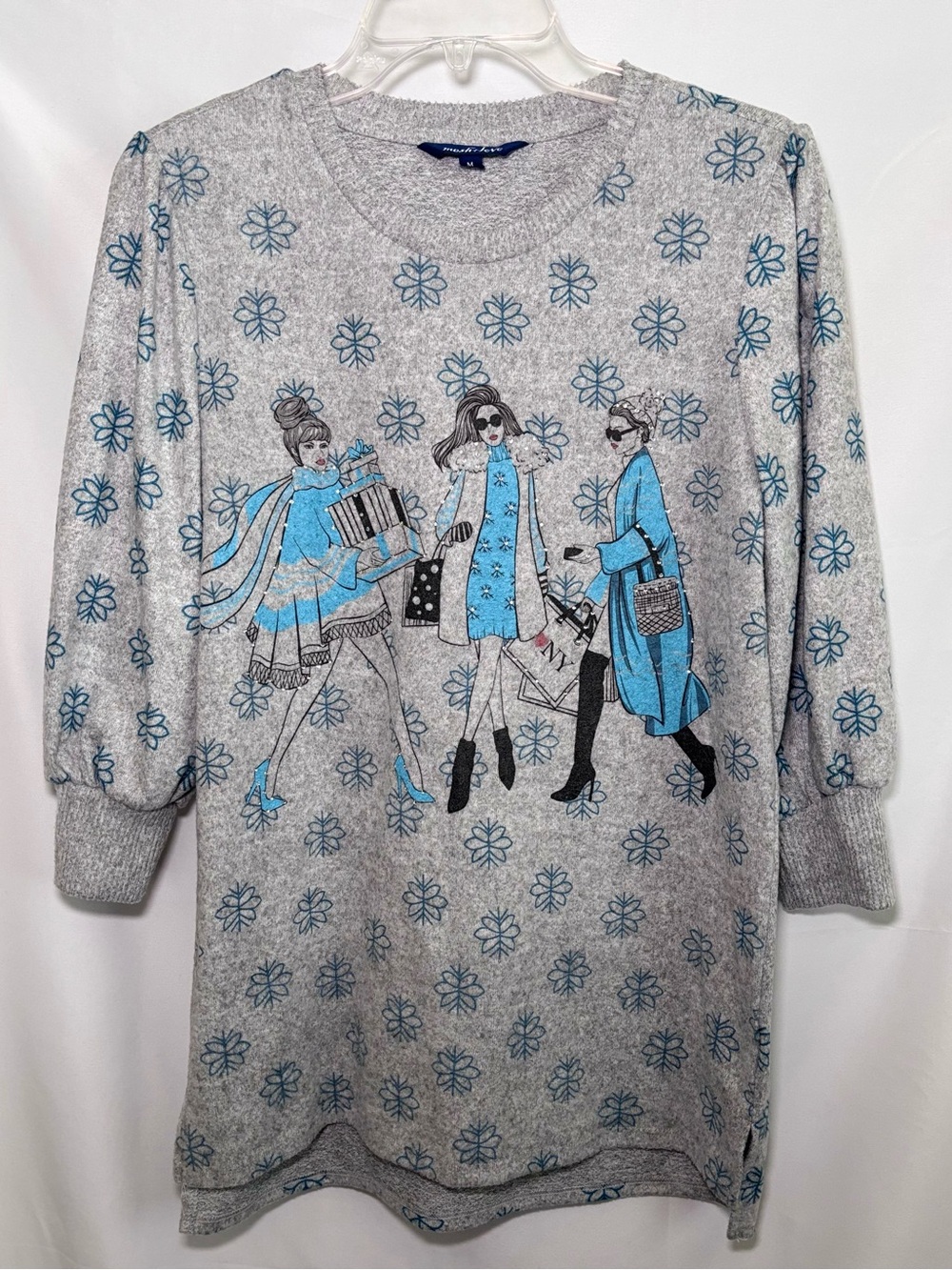 Mesh + Love Graphic Soft Fleece Pullover Sweater with Puffed Sleeves